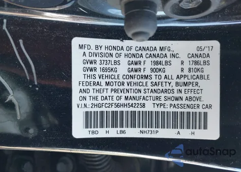 2017 Honda Civic Lx из США, поврежденный, VIN 2HGFC2F56HH542258